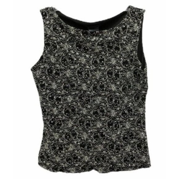 J.T.B. sequence black ivory floral tank top shirt embellished faded tag READ - Picture 1 of 6